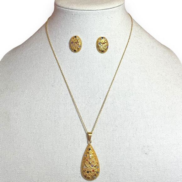Vintage Jewelry - Vintage 80s Stainless Gold Toned Earring and Necklace Set